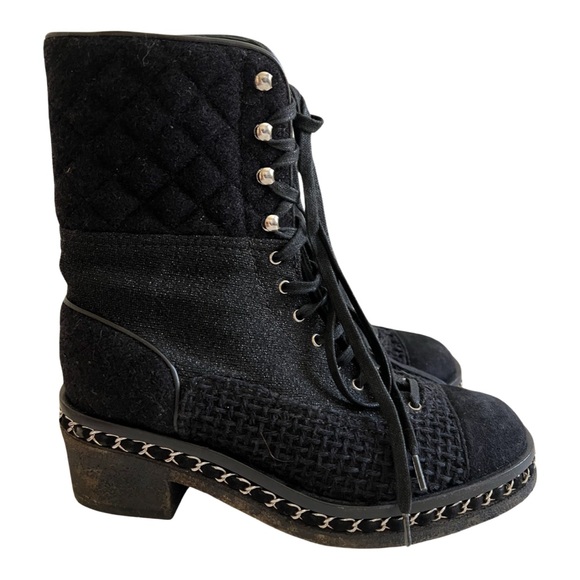 Chanel black wool tweed combat boots chain detail with certificate of authentic - Picture 4 of 16